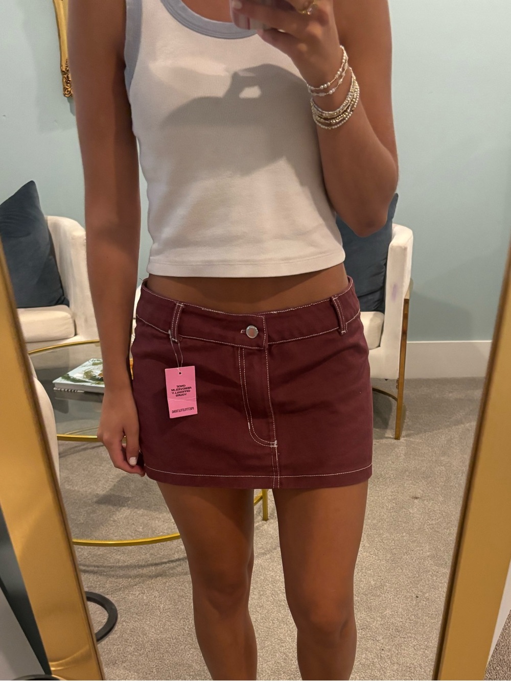PrettyLittleThing Burgundy Stretch Denim Mini Skirt